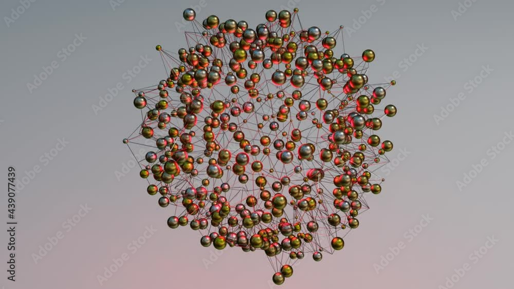 Poster abstract looped animated background. silver spheres with red illumination connected by a three-dimen