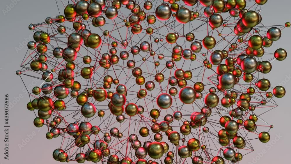 Fototapete abstract looped animated background. silver spheres with red illumination connected by a three-dimen