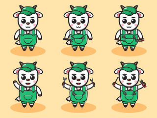 Vector illustration of cute Goat Mechanic cartoon set. Good for icon, logo, label, sticker, clipart.