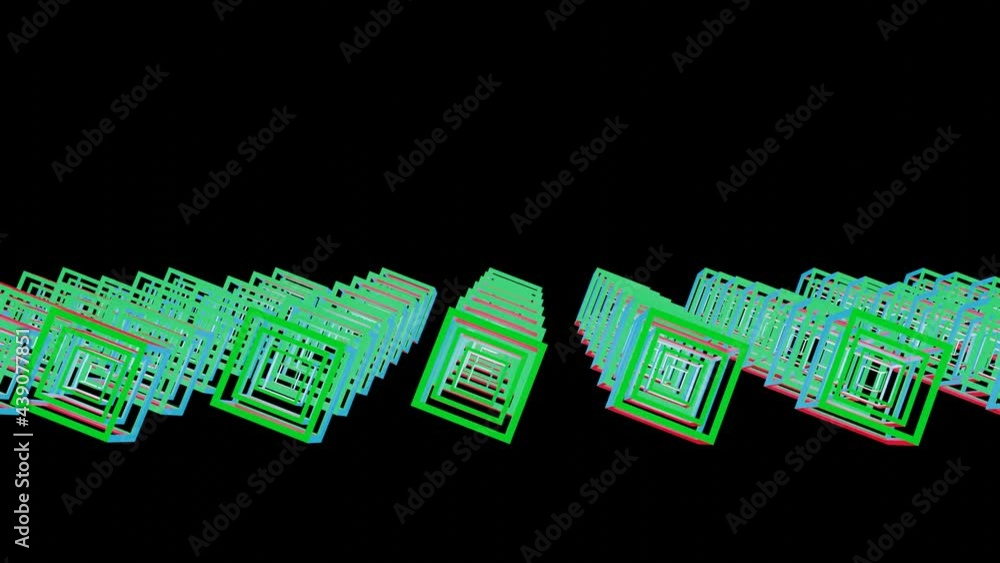 Aufkleber skeletons of cubes glowing in different colors are slowly cooking on a black background. looped anim