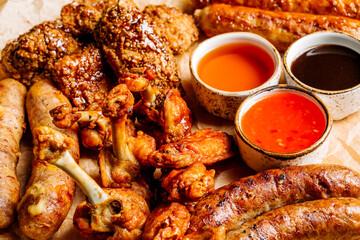 Assorted meat on a large plate with sauces.