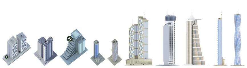10 birds eye view very detailed renders of fictional design urban tall buildings with blue sky reflections - isolated, 3d illustration of skyscrapers