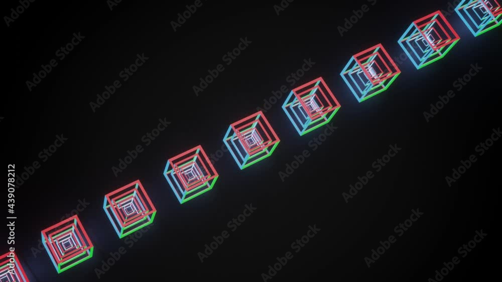 Poster skeletons of cubes glowing in different colors are slowly cooking on a black background. looped anim