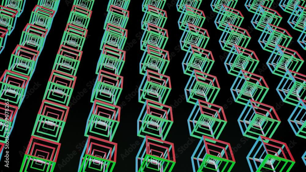 Poster skeletons of cubes glowing in different colors are slowly cooking on a black background. looped anim