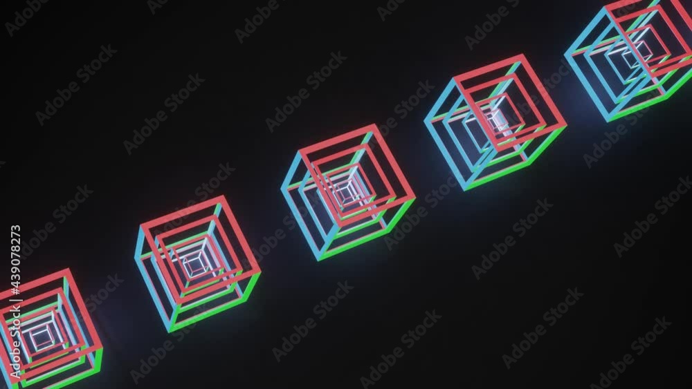 Poster skeletons of cubes glowing in different colors are slowly cooking on a black background. looped anim