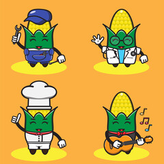 Vector illustration of cute Corn cartoon set. Good for icon, logo, label, sticker, clipart.
