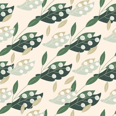 Green foliage and blue rowan berry silhouettes seamless doodle pattern. Pastel beige background.