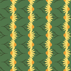 Decorative seamless pattern with abstract yellow daisy ornament. Flowers print on green background.