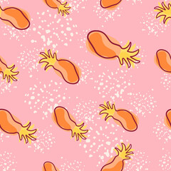 Hand drawn seamless pattern with orange random abstract pineapples print. Pink background with splashes.