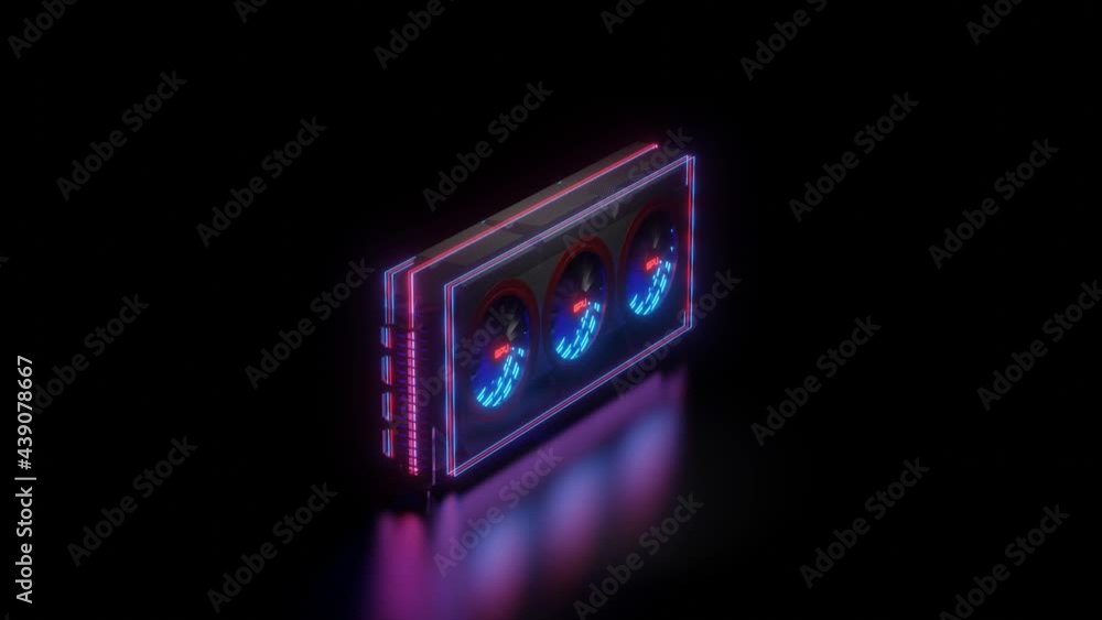 Aufkleber 3d model of a video card with rotating coolers with backlight on a black background. 3d render