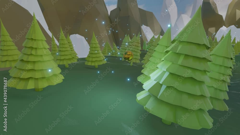 Poster the camera flies behind the golden sphere in a low poly landscape with trees and mountains. looped a