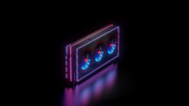 3D model of a video card with rotating coolers with backlight on a black background. 3d render