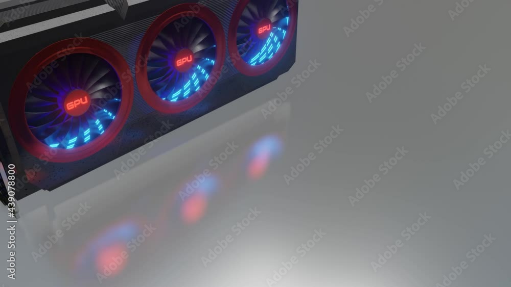 Aufkleber 3d model of a video card with rotating coolers with backlight on a gray background. 3d render