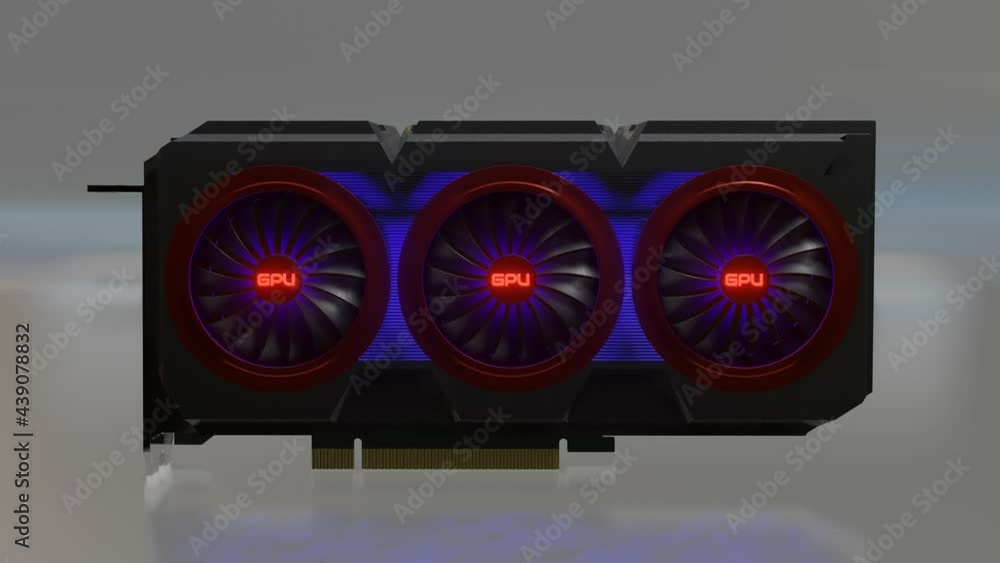 Aufkleber 3d model of a video card with rotating coolers with backlight on a gray background. 3d render