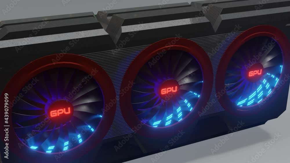 Aufkleber 3d model of a video card with rotating coolers with backlight on a gray background. 3d render
