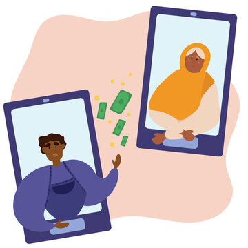 Vector illustration of a son transferring money to parents. Cashless financial transactions through mobile applications.