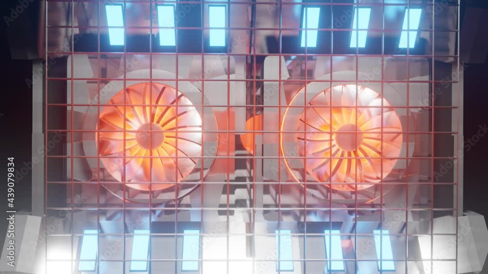 Poster two illuminated turbines are spinning slowly. technological composition. abstract looped animated ba