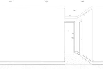 Sketch of the empty room with a blank wall, parquet flooring, corridor with doors in the background. Front view. 3d render