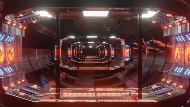 abstract sci fi metallic tunnel with flashing neon lights and rotating fans. looped animated background. 3d render.