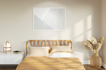 Bright bedroom in warm colors with a horizontal poster over a wooden headboard, pampas grass in a wicker basket, a lamp with a wooden shade on the bedside table. Front view. 3d render