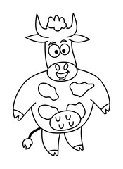 Smiling dairy cow for drawing and colouring on a white background 