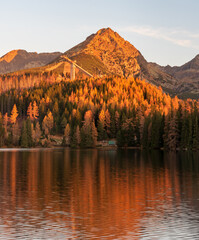 Strbske pleso lake with Predne Solisko, Mlynicke Solisko and Strbske Solisko mountain peaks in autumn Vysoke Tatry mountains in Slovakia