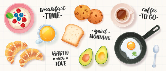 Fototapeta premium Vecor breakfast cartoon set with cereal, coffee, juice, toasted bread, chocolate cookies, croissant, eggs and avocado isolated on white background