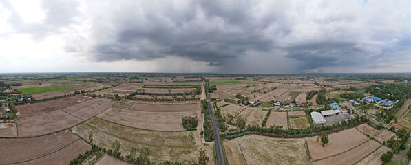 Panoramic aerial view of rice fields, Thailand.