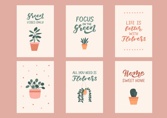 House plants and hand drawn lettering. Card set. Template for, banner, poster, flyer, greeting card, web design, print design. Vector illustration.