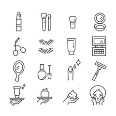 Set of minimal makeup icons. Beauty stylist or blogger  and cosmetic products concept in modern outline isolated on white background