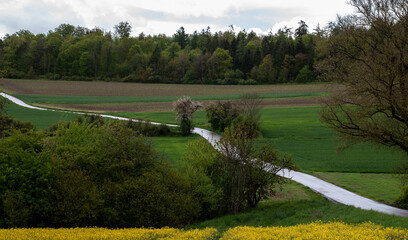 a single lane road in a hilly landscape