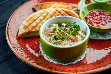 Traditional Israeli or oriental Baba ghanoush with vegetable salsa and pita, served in a red plate on a dark background. Eggplant restaurant dish