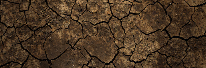 Texture of cracked dried soil. Dry ground with cracks. Brown rough surface of the soil during summer drought. Wide panoramic background for design. Ecology, climate change and global warming on Earth.