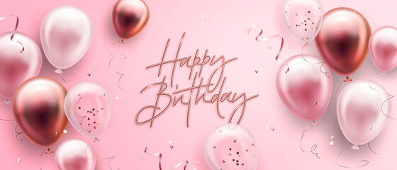 Vector birthday elegant greeting card or banner with golden, pink and white balloons and falling confetti. Vector illustration