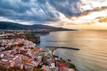 Sunset over the Sorrento coastline. Sorrento is a town overlooking the Bay of Naples in Southern Italy. Is become a popular tourist destination due to his vicinity to Naples and Amalfi Coastline