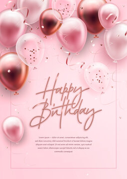Vector birthday elegant greeting card or banner with golden, pink and white balloons and falling confetti. Vector illustration