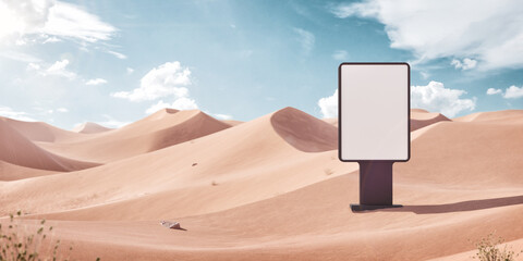 3d Illustration of an empty billboard standing in the middle of the desert at sunny day.