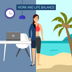 Work and life balance concept vector illustration. Half woman in suit with working desk office and another half woman holding surfboard at the sea in flat design.