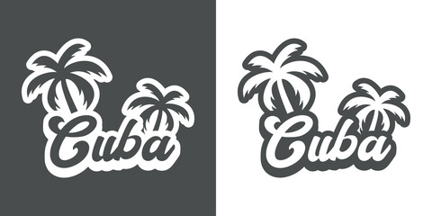 Naklejka premium Destino de vacaciones. Logotipo con texto Cuba con palmeras con sombra en fondo gris y fondo blanco