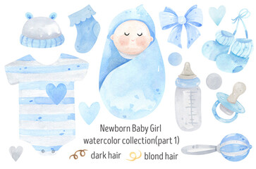 Newborn baby boy and baby objects watercolor set. Pacifier, baby bottle, beanie, bodysuit, Rattle, bow, cute baby, blue theme. Oh Boy! It's a Boy. Welcome Baby. Hello Boy. Nursery Decor.