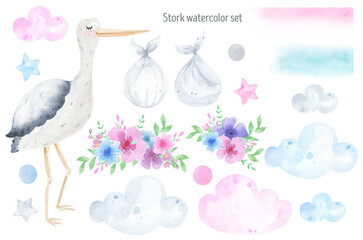 A stork flying in the sky delivering newborn baby watercolor illustration. Baby shower with, Gender Party. Blue and pink clouds, stars, floral compositions. International Day of Midwives. 