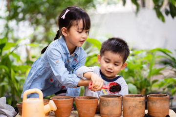 Asian sister is teaching little brother to learn about planting in the garden at home, concept of...