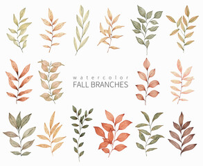 Watercolor fall leaves set. Hand drawn autumn design elements for greeting cards, invitations and other.