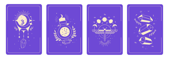 Set of mystical templates for tarot cards, banners, flyers, posters, brochures, stickers. Cards with esoteric symbols. Silhouette of planets, stars, moon phases and crystals. Vector illustration - obrazy, fototapety, plakaty