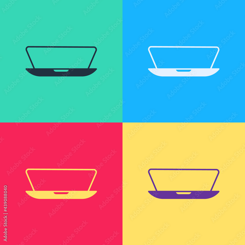 Poster pop art laptop icon isolated on color background. computer notebook with empty screen sign. vector