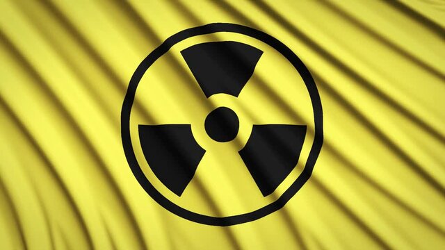 Warning yellow flag with radiation sign. Smooth waves of fabric. 4K video. 3D render.