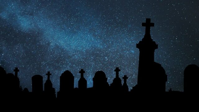 Cemetery Skyline: Time Lapse by Night with Stars and Milky Way in Background, Graves in Silhouette
