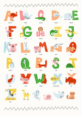 Vector children's poster with the French alphabet and animals, with captions to them. Flat modern illustration in muted colors with simple light drawings