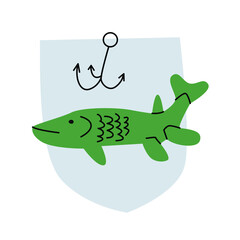 Simple sign vector illustration of a pike with a fish hook on a shield background in natural colors