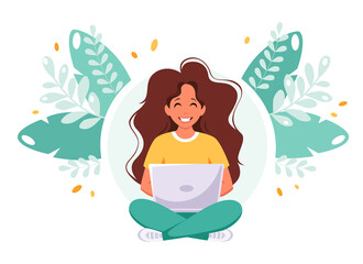 Woman sitting with laptop. Freelance, remote working, home office concept. Vector illustration